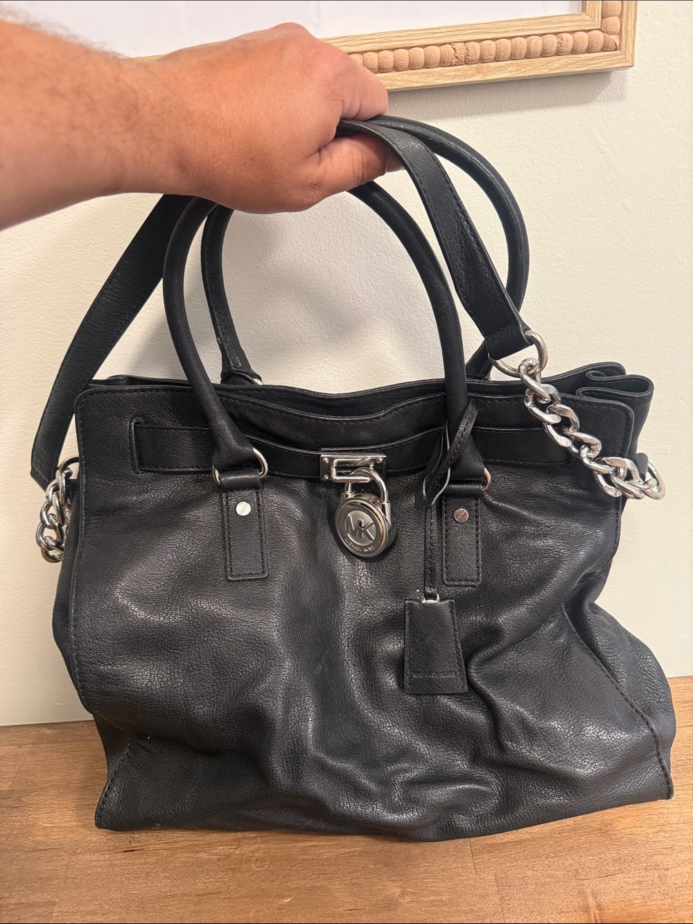 Michael Kors Black Leather Shoulder Tote with Silver Chain Accent
